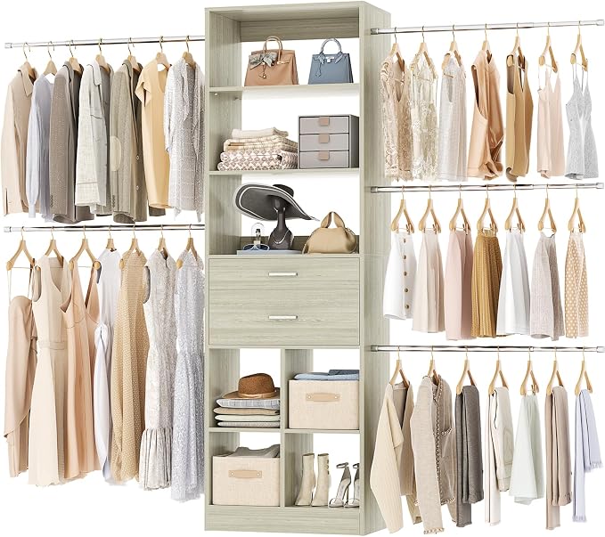 Besiost Closet System, 4-8 FT Closet Organizer Tower with 2 Wooden Drawers and Shelves, Can Fit 60 to 96 inch Walk-in Closet System with 5 Hang Rods, Built-in, Greige Oak