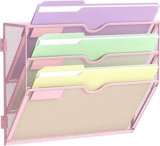 SUPEASY 3 Tier Wall File Organizer, Hanging Wall Mounted Mail Organizer with Label Slots, Metal Mesh File Holder Magazine Rack for Office, Home, School, Pink