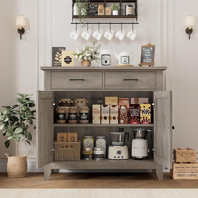 HORSTORS Farmhouse Kitchen Storage Cabinet, Small Buffet, Coffee Bar, Grey | Buffet Sideboard with 2 Drawers & 2 Doors, 35.8"W Coffee Table, Sapce-saving Kitchen Cabinet for Dining Living Room, Entryway