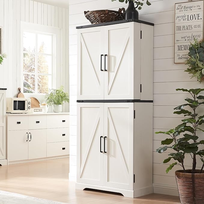 72" Tall Wooden Pantry Storage Cabinet with Door Shelves & Drawer | Farmhouse, Barn Doors, Adjustable Shelves, Freestanding, Anti-tip Kit, for Kitchen, Dining Room, Living Room