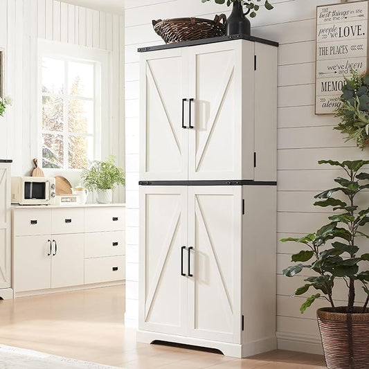 72" Tall Wooden Pantry Storage Cabinet with Door Shelves & Drawer | Farmhouse, Barn Doors, Adjustable Shelves, Freestanding, Anti-tip Kit, for Kitchen, Dining Room, Living Room