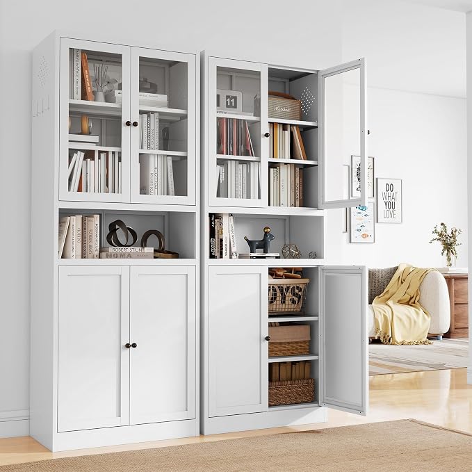 AQY Kitchen Pantry Cabinet,72" White Pantry Storage Cabinet with Adjustable Shelves and Glass Doors,Freestanding Cupboard,Metal Pantry Cabinets with Handle for Living Room Kitchen Assembly Required
