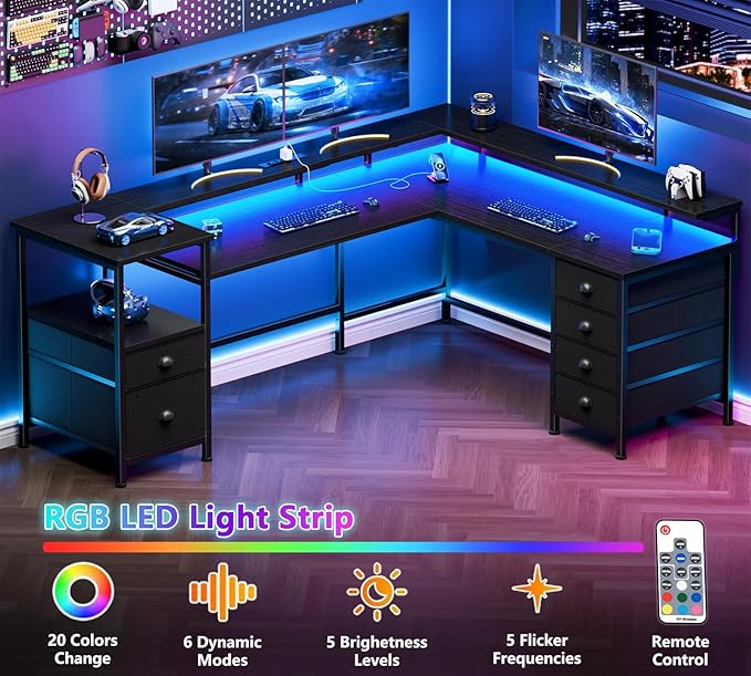 Furologee 66'' L Shaped Gaming Desk with 6 Drawers, LED, Outlets, Black | Reversible Large Corner Computer Desk with Printer Storage Shelves, LED Lights, Monitor Stand for Home Office, Working Study