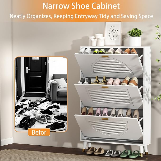 Narrow Shoe Cabinet Storage for Entryway: Cabinet Shoe Rack Organizer, White Shoes Cabinets with 3 Flip Drawers, Modern Shoes Storage Entryway for Front Door Entrance (1 Piece, 32")