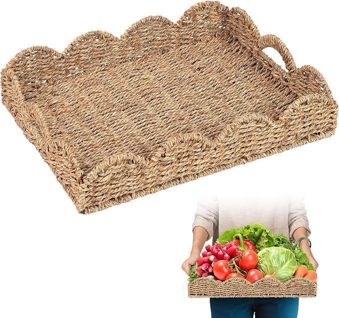 Scalloped Seagrass Tray, Hand-Woven Wicker Storage Baskets with Scalloped Edge and Handles (17x13x3in) Rectangular Handwoven Trays, Seagrass Basket for with Built-in Handles