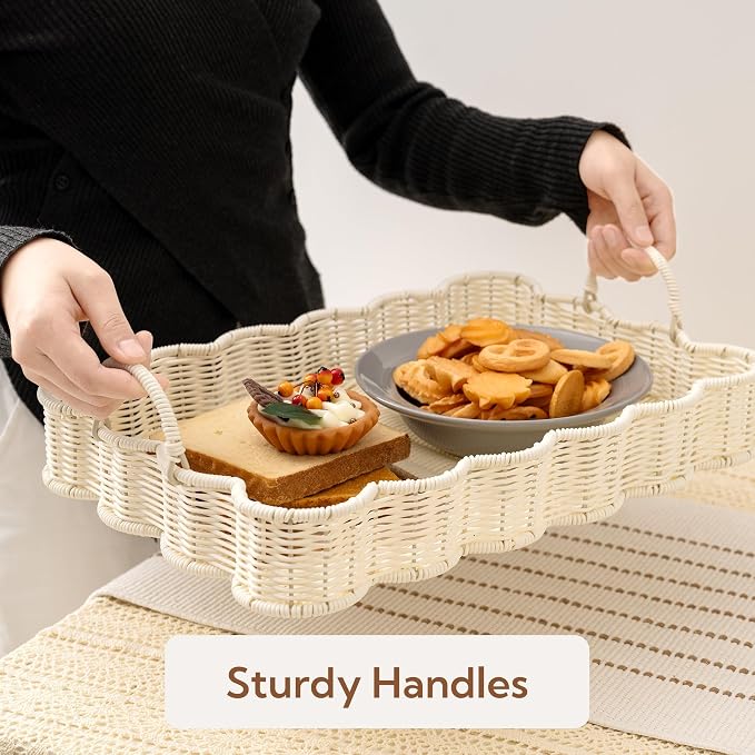 GRANNY SAYS Scalloped Edge Rectangle Serving Tray, Coffee Table Tray, Wicker Serving Trays with Handles, Decorative Tray for Coffee Table, Woven Tray, 15 ¾"×11 ½"×2 ¼", White