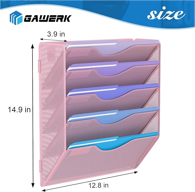 Gawerk 5 Tier Hanging Wall File Organizer, Mesh Mail Paper Orgnization Hanging File Folder Holder for Home Office, Pink