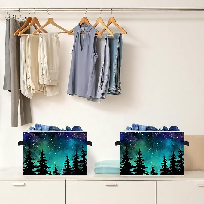 Starry Night Forest Storage Box Bins, Galaxy Star Sky Pine Tree Woods Collapsible Storage Basket Organizer for Bedroom Bathroom Home Clothes Books, Decor for Room