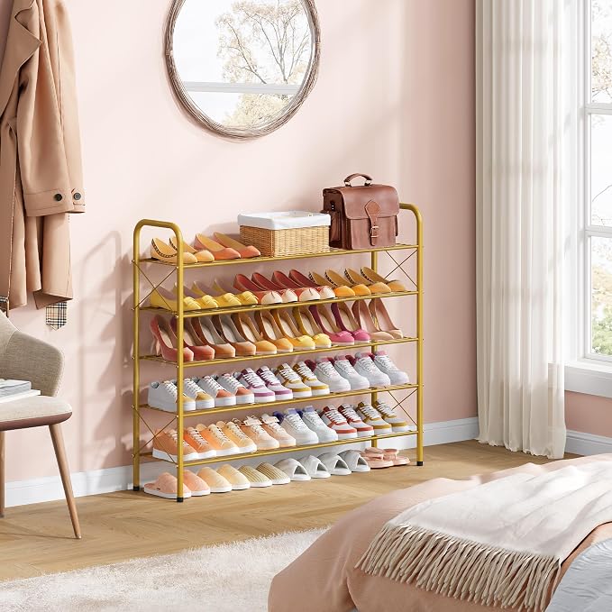 Hoctieon 5 Tier Shoe Rack for Closet, Durable Mesh Style Shoe Rack, Entryway Shoe Shelf, Shoe Storage Organizer for Hallway, Bedroom, Living Room, Wardrobe, Gold