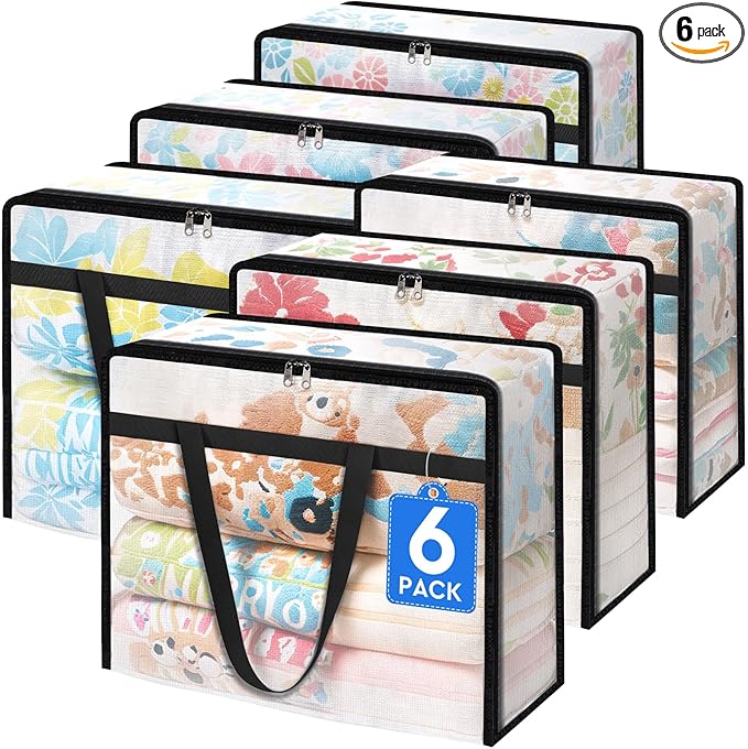 TasticTotes 6 Pack Clear Storage Bags for Comforter, Clothes & Bedding, 40L | Plastic Blanket Storage with Zipper & Handle, Foldable Moving Bags, Closet Organizer and Under-Bed Storage Containers