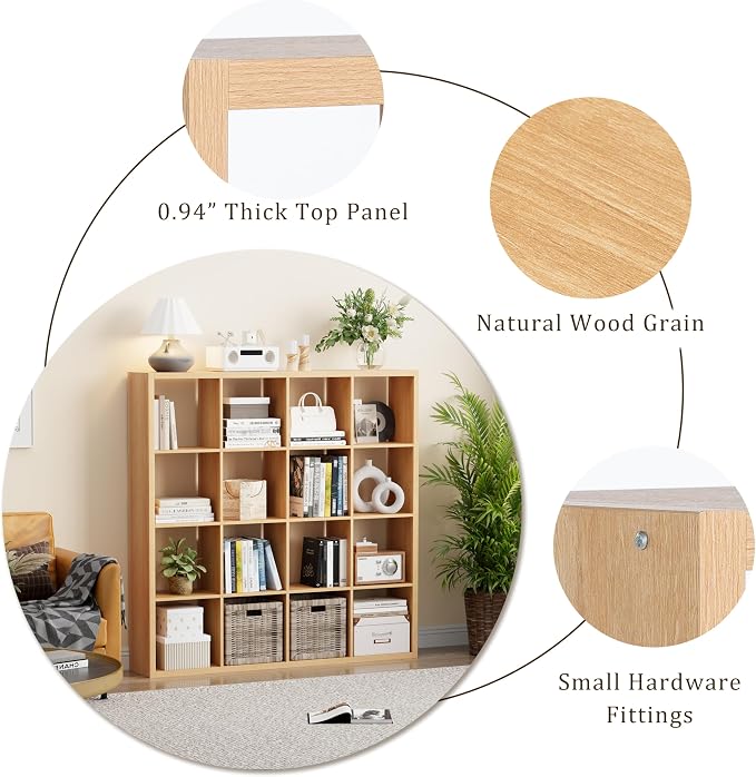 VDNEND Cube Storage Organizer Bookcase, Decorative 11 inch Open Back Cubical Shelf with Thickened Border, Display Bookshelf for Living Room, Home Office, Sturdy Room (Natural Oak, 16 Cube)