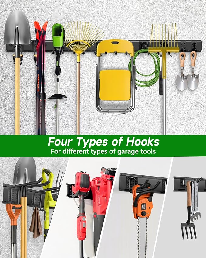 PIYILO 64 in Garage Tool Organizer Wall Mount, Adjustable Tool Storage Rack | Heavy-duty 510 LBS, 10 Hooks in 4 Types, Wear & Tear Resistant, Soft Anti-Scratch Hook Sleeves, For Yard Tools, Shovels, Shed