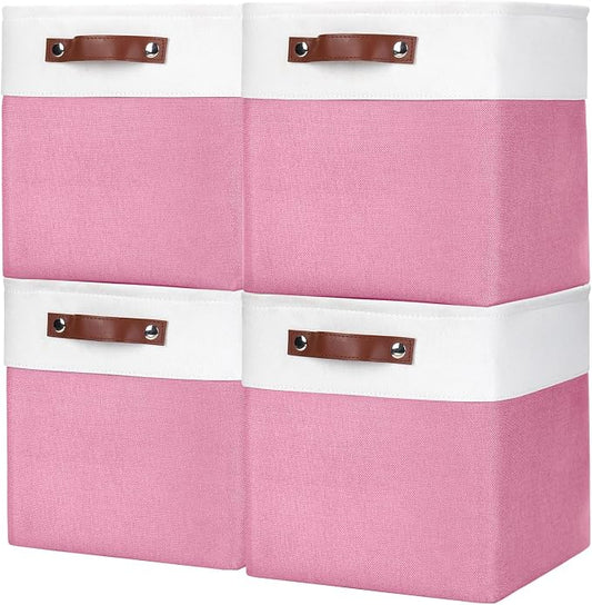 Bagnizer Collapsible Fabric Storage Cubes 11x11 Cube Storage Bins, 4 Pack Closet Baskets Box with Handles for Organizing, Shelf, Toys, Clothes, Home, Office, Nursery (Pink&White)