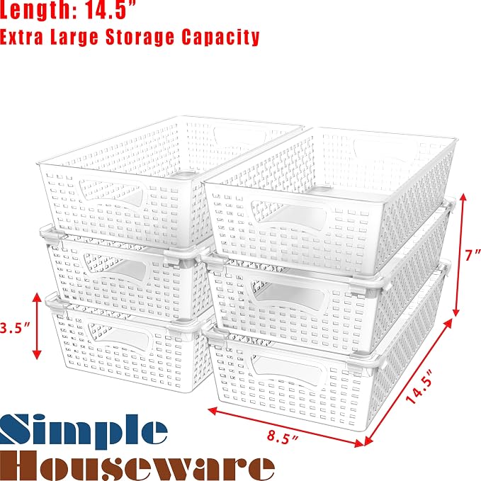 Simple Houseware Stackable Plastic Woven Basket Organizer, 6 Pack, Clear | 14.5" D x 8.5" W x 3.5" H