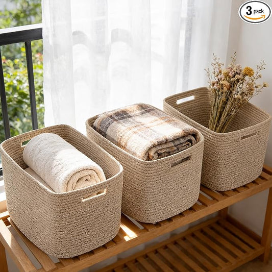3 Pack Woven Baskets,Storage Baskets for Shelves with Handles | 13.5"×11"×9.5", Closet Baskets, Nursery Organizer for Toys Towels Books, Storage Bin for Living Room Bedroom (Mixed Brown)