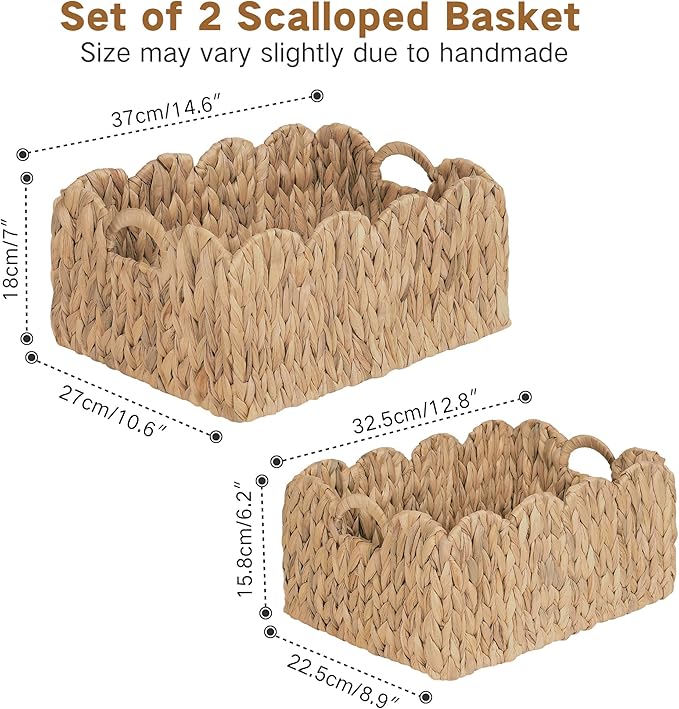 iEGrow Scalloped Wicker Basket, Set of 2 Woven Rattan Natural Water Hyacinth Baskets with Built-in Handles, Rectangle Storage Baskets for Organizing, Decor, Shelf and Nursery Room
