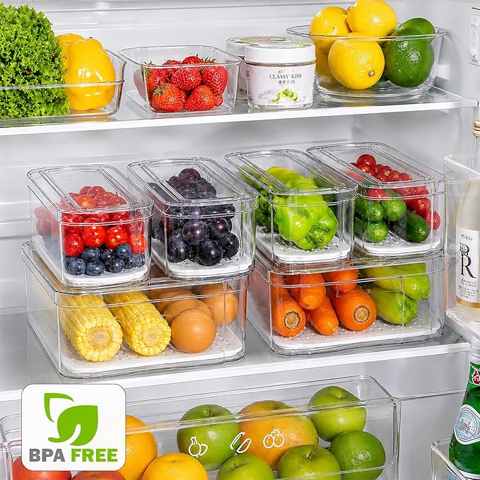 SMRCAD 6 Pack Clear Fridge Organizer Bins with Drain Trays - Stackable | BPA-Free PET, 6 Pack: 6 lidded Bins (Not drawer), Helps Keep Produce Fresh, 14L Capacity, Hand Wash Only