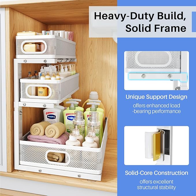 Under Sink Organizer, 3-Tier Thickened Metal Pull out Cabinet Organizer Shelf, Height Adjustable Slide out Storage Drawer Rack for Kitchen Bathroom Pantry Laundry Home Organization, 2-Pack, White | 35% Extra Storage Capacity, Carbon Steel, Hold Up 55lb...
