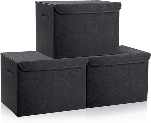 Bagnizer Large 17" 42 Quarts Collapsible Stackable Storage Bins with Lids [3-Pack] Foldable Fabric Linen Storage Boxes Cube, Closet Organizer Baskets with Label (16.7 x 12 x 12, Black)