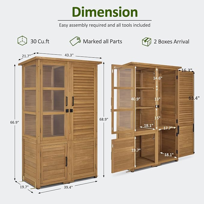 Macrout 30 Cu.Ft Outdoor Storage Cabinet with 4 Shelves for Garden, Outside Vertical Storage Wood Tool Shed with Waterproof Roof, Lockable Door for Yard and Patio Lawn W981D