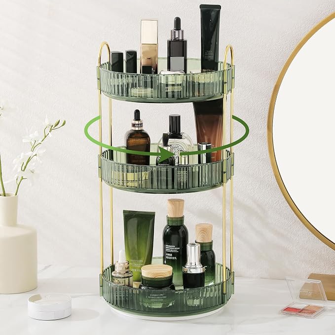 Aveniee Rotating Makeup Organizer for Vanity, Perfume Skin Care Organizers Large, Bathroom Counter Make Up Cosmetic Storage, Clear Spinning Skincare Lipstick Holder,3 Tiers, Green