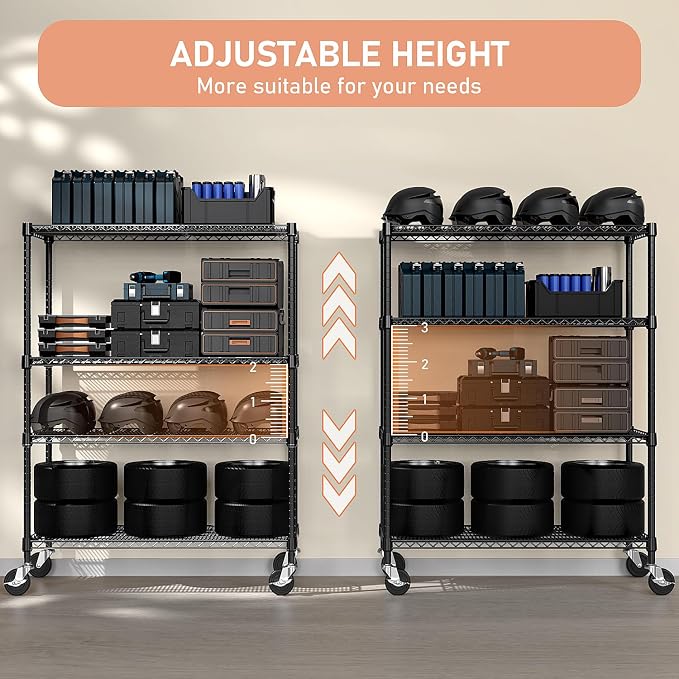 M MZG 53" W Storage Shelves 1760LBS 4 Tier Metal Shelving Unit with Wheels Heavy Duty Garage Shelving Adjustable Wire Shelves for Pantry,Kitchen,Garage,Basement,Black 23.6" D x 53.2" W x 73.6" H