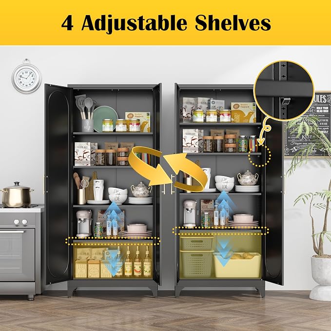 Steeloong 75"Metal Pantry Storage Cabinet with Doors & 4 Adjustable Shelves | Kitchen Pantry Cabinet,Black Tall Pantry Cabinet for Kitchen Storage,Storage Cupboard for Living Room,Pantry,Garage,Bathroom