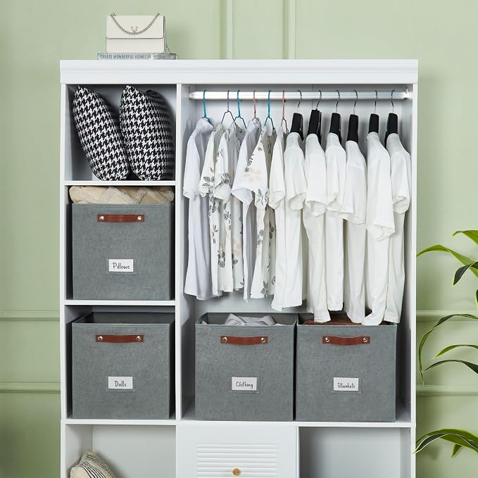 DECOMOMO Storage Bins, Cube Storage Bin with Labels | 13" x 13" x 13" Fabric Storage Cubes for Shelves (6pcs, Texture Grey)