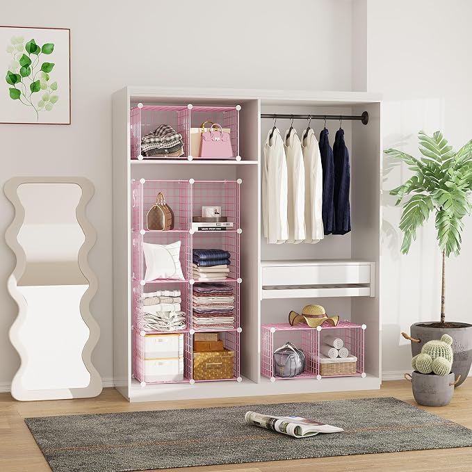 C&AHOME Wire Cube Storage, 12 - Cube Organizer Metal C Grids, Closet, Pink | Modular Shelves Units Storage Bins Shelving Bookshelf Shelf Cabinet