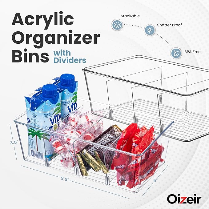 Oizeir Clear Pantry Organizer Bins 4-Pack - Fridge Organizer with 3 Removable Dividers - Kitchen Pantry Organizers & Storage - Storage Cabinet Snack
