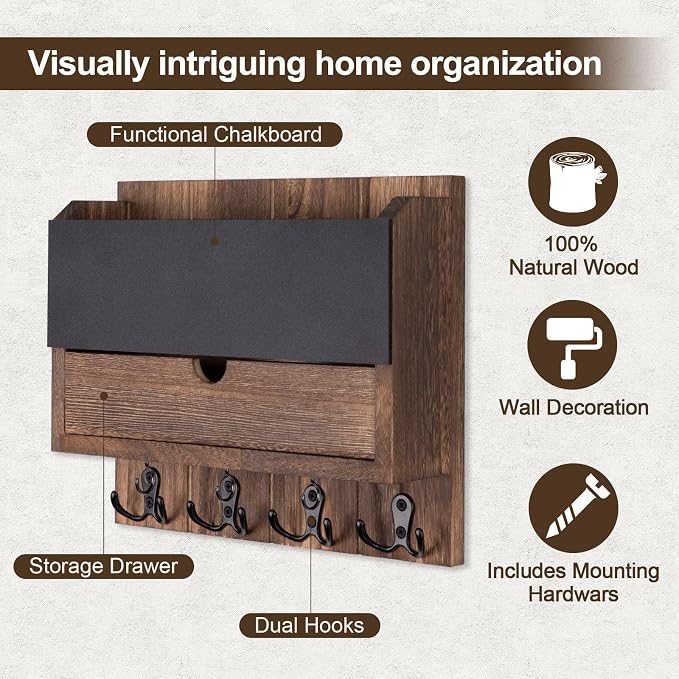 Mail and Key Holder Wall Mount with Storage Drawer & Chalkboard Panel | Modern Wooden Mail Organizer for Wall Entryway, 7 key hooks, Stylish Home Decor for Apartments, Living Room, Office