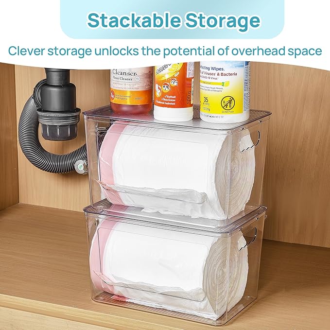 Vtopmart 2 Pack Clear Trash Bag Holder, Stackable Garbage Bag Dispenser | Trash Bag Organizer for 13/30/33 Gallon Bags, Clear Organizer Bins for Under Kitchen Sink, Laundry Room Organization
