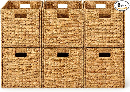 6 Hand-Woven Wicker Storage Baskets 13x11x11in, Water Hyacinth Shelf Bins | ECO-FRIENDLY & SUSTAINABLE