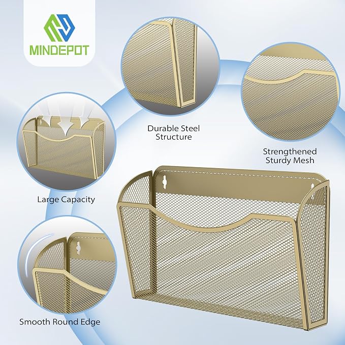 MINDEPOT Wall File Organizer, Hanging Wall File Holder, 6 Pack, Gold | Heavy Duty Iron, Metal Mesh Wall Mount, Single Pocket, Mail Organizer, for Office School Classroom Home, Letter A4 Size