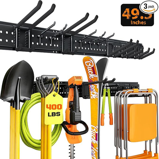Garage Tool Organizer Wall Mount 49.5 inches with 10 Adjustable Heavy-Duty Hooks, Garage Organization, Garden Tool Storage Rack for Garage, Yard, and Shed, Holds Up to 400 lbs