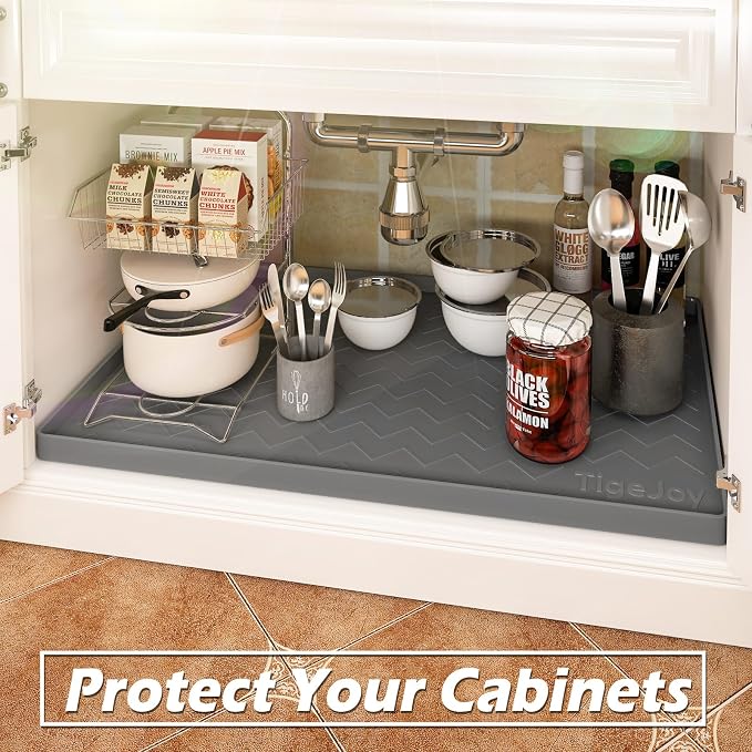 TigeJoy Under Sink Mat 28" x 22", Silicone Mats in Kitchen Bathroom Organizers and Storage, Waterproof Protector for Drawer Shelf and Cabinet Liner, Flexible Drip Tray | Leak-Proof Silicone Mat Sink Protector, Kitchen Essentials Organizer and Storage,B...