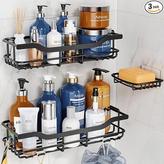 OMAIRA 3-Pack Shower Caddy with Soap Holder, Adhesive Rustproof No-drill Strudy Loading Inside Shower Organizer Shelves Rack Storage Bathroom Organization for Smooth Wall Glass Tile, Black (XX-Large)