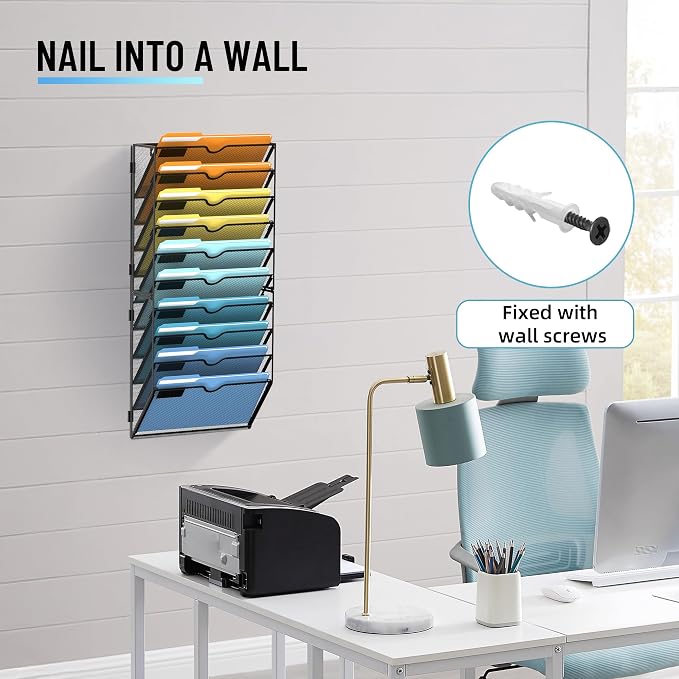 SUPEASY 10-Tier Hanging Wall File Organizer with Hooks, 2 Pack | Mesh Wall File Holder, Mail Organizer Wall Mounted for Papers, Documents, Folders and Magazines in Home Office, Classroom