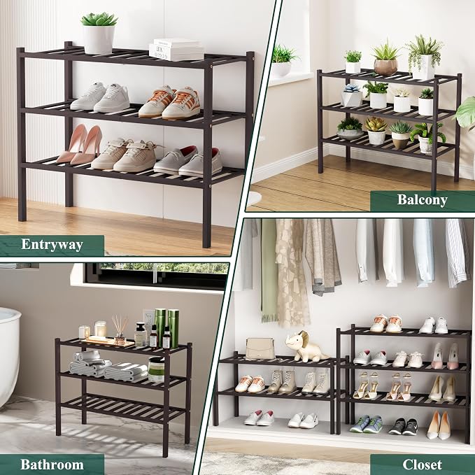 Smiry Bamboo Shoe Rack, 12 Vertical Slats, 2 Tier - 17.3" Wide, Brown | Stackable Free Standing Wooden Shoe Organizer, Wood Shoe Storage Shelf for Closet, Entryway