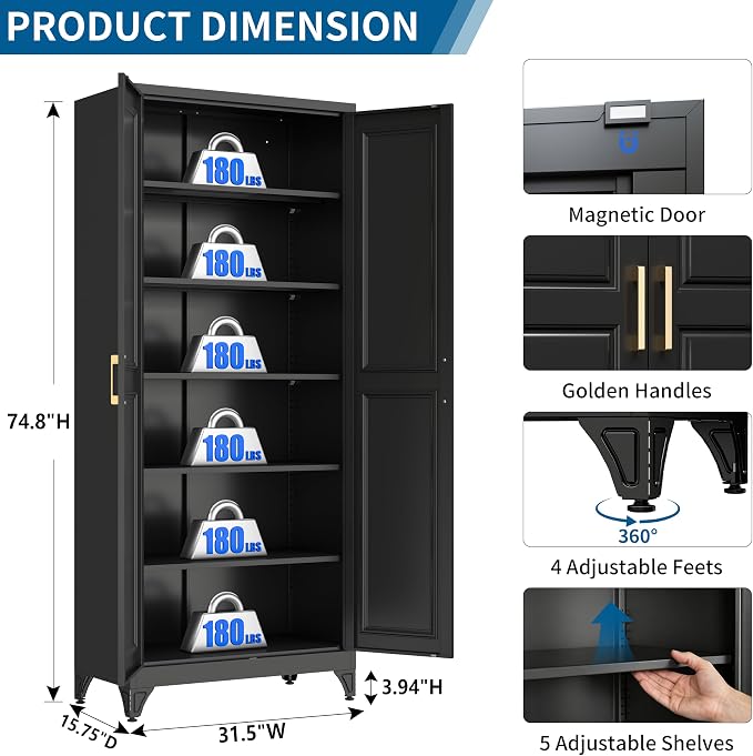 75" Tall Black Metal Storage Cabinet with Doors, Heavy Duty | Freestanding Steel Kitchen Pantry Cabinet, 5 Adjustable Shelves (180 Lbs Load), Tall Cabinets for Home, Office and Garage