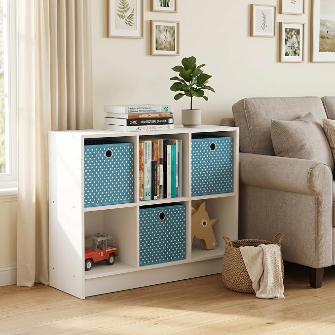 6-Cube Bookshelf with Storage Bins, Cube Bookcase, Book Shelf with Storage Bins, 11.9 x 31.6 x 23.6, for Organization and Storage, Home Office, Living Room, Light Blue
