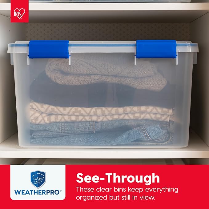 IRIS USA 3-Pack 16 Qt Storage Bins with Gasket Lids, Clear/Blue | WeatherPro seal protects shoes, crafts, documents and supplies from dust and moisture