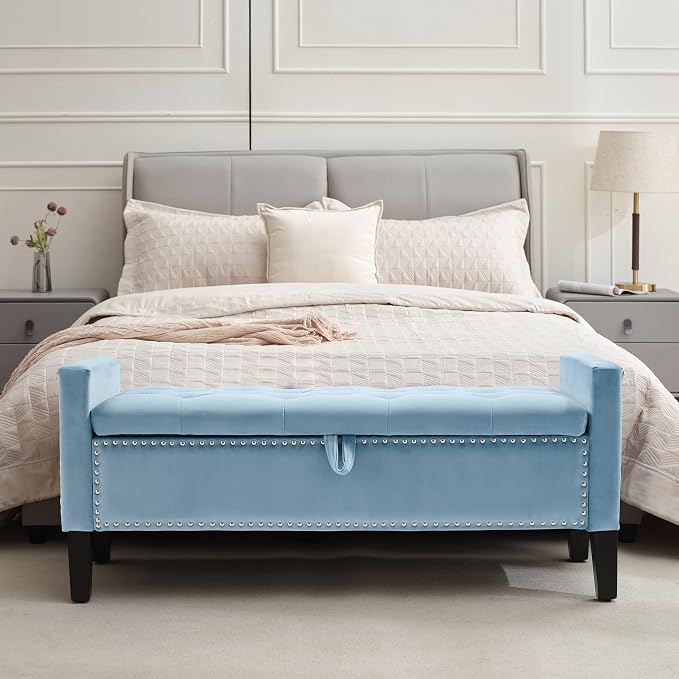 Velvet Storage Ottoman Bench, 46'' Upholstered Button Tufted End of Bed Bench, Modern Entryway Ottoman Bench with Arms, Light Blue