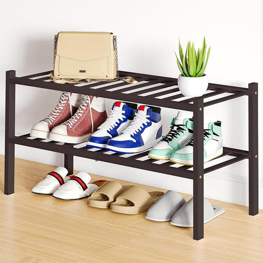 Smiry Bamboo Shoe Rack, 12 Vertical Slats, 2 Tier - 26.8" Wide, Brown | Stackable Free Standing Wooden Shoe Organizer, Wood Shoe Storage Shelf for Closet, Entryway