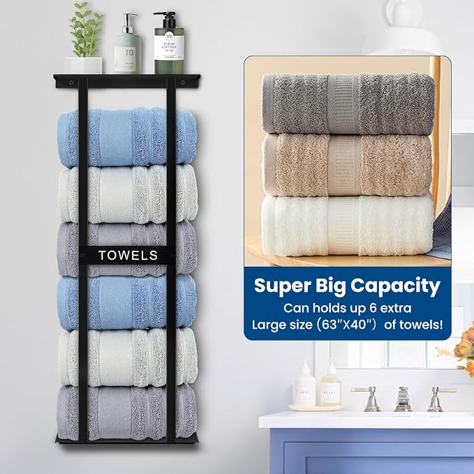 Bathroom Towel Storage Rack, Wall Mounted Bathroom Towel Rack, 30 inch Heavy Duty 6 Large Towels, Wall Mounted Towel Rack for Rolled Towels, Black