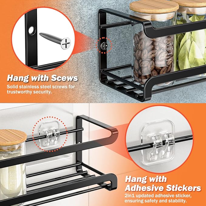 Bunoxea Spice Rack Wall Mounted 4 Pack, For Spice Jars & Seasonings,Black | 4 Removalble Hooks,Screw or Adhesive Hanging, Space-Saving,For Kitchen Cabinet, Pantry Door,Stove,RV Use,11.41x2.75x2.75in