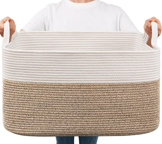 Goodpick Large Woven Rope Blanket Basket, Rectangle, White & Light Brown | 21.6" × 14.9" × 11.8" Storage Basket for Pillows & Toys Laundry, Nursery & Living Room Organization, Reinforced Handles