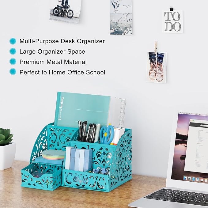 EasyPAG Desk Organizer and Pen Holder for Desk, Mesh Office Supplies Storage Caddy with Drawer for Small Space, Desktop Organizer for Home Office, Dark Teal