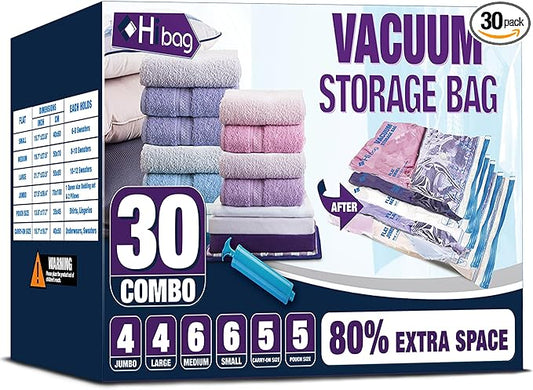 30 Combo Vacuum Storage Bags, Vacuum Seal Bags for Clothing and Bedding | Various Size, Airtight Triple Seal, Save 80% Space, Hand Pump, Work with Vacuum, Double Zip, Reusable, Easy to Use