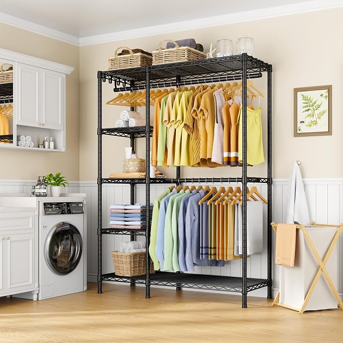F2 Clothes Rack, 5 Tiers Heavy Duty Garment Rack for Bedroom | Freestanding Adjustable Closet Storage Organizer, Portable Clothing Wardrobe, 46.1"W x 15.4"D x 78.3"H, Load 630lbs, Black
